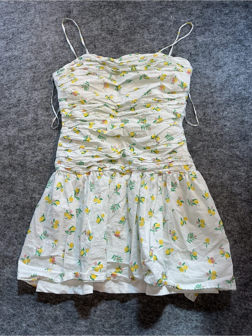 Japna Drop Waist Ruched Women’s White Lemon Print Spaghetti Strap Dress Size L